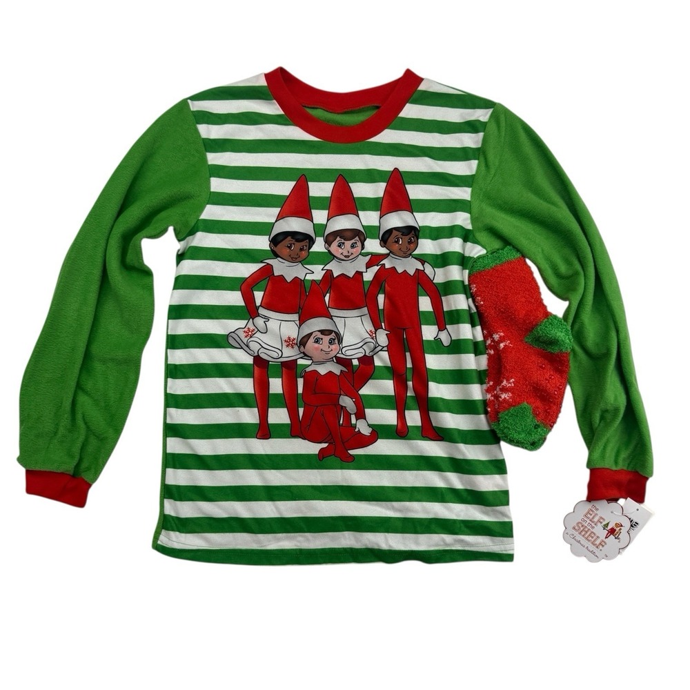 THE ELF ON THE SHELF Christmas Pajama Shirt & Socks Set Sz M 8/10 Fleece L/S